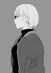 Rule 34 | 1girl, absurdres, breasts, closed mouth, daigaku jitome, from side, greyscale, highres, jacket, long sleeves, monochrome, orange eyes, original, profile, short hair, simple background, solo, spot color, sweater, upper body