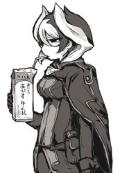 Rule 34 | 1girl, breasts, cape, drinking straw, drinking straw in mouth, hair between eyes, holding carton, jacket, jitome, long sleeves, made in abyss, medium breasts, milk carton, monochrome, multicolored hair, negi (kyouki-beya), ozen, pocket, simple background, solo, two-tone hair, white background, wrist cuffs