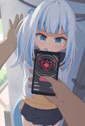Rule 34 | 1girl, blazer, blue eyes, blue hair, blunt bangs, blush, brick floor, cellphone, fins, fish tail, gawr gura, gawr gura (school uniform), heart, highres, hololive, hololive english, jacket, kabedon, long sleeves, looking at viewer, multicolored hair, nail polish, official alternate costume, phone, pipeline, pleated skirt, school uniform, shark tail, side ponytail, skirt, smartphone, streaked hair, tail, tenroy, two-tone hair, virtual youtuber, wall, white hair