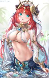 Rule 34 | 1girl, artist name, bow, breasts, brooch, genshin impact, glint, gold, green eyes, hand up, highres, horns, jewelry, large breasts, long hair, looking at viewer, low twintails, navel, neck ring, nilou (genshin impact), parted lips, partially submerged, patreon username, red hair, rei kun, signature, smile, solo, stomach, twintails, veil, very long hair, wading, water, wet