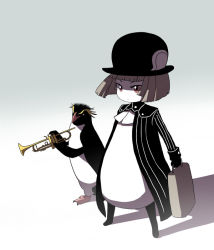 Rule 34 | 1girl, ascot, beak, bird, bob cut, boots, briefcase, brown hair, claws, coat, gloves, gradient background, hat, holding, holding briefcase, instrument, ken (koala), long sleeves, open clothes, open coat, original, pants, parachute pants, penguin, penguin (koala), red eyes, sleeve cuffs, striped, striped sleeves, toes, trumpet