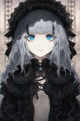 Rule 34 | 1girl, bad id, bad pixiv id, blue eyes, blunt bangs, closed mouth, commentary, expressionless, flat chest, grey hair, hat, highres, jname, lace, long hair, looking at viewer, multicolored hair, original, solo, symbol-shaped pupils, two-tone hair, upper body
