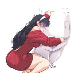 Rule 34 | 1girl, artist logo, bare legs, black hair, breasts, earrings, hairband, hangover, jewelry, jk arts, large breasts, long hair, motion lines, off shoulder, red sweater, ribbed sweater, solo, spy x family, sweater, toilet, trembling, twitter username, white hairband, yor briar