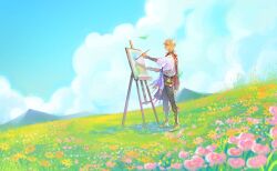 Rule 34 | 1boy, absurdres, blonde hair, blue sky, blurry, closed mouth, cloud, commentary, crystalfly (genshin impact), day, depth of field, easel, english commentary, field, flower, from side, full body, genshin impact, hand up, highres, holding, holding paintbrush, holding palette, ine (inebyoonei), kaveh (genshin impact), male focus, meadow, mountainous horizon, outdoors, outstretched arm, paintbrush, painting (action), painting (object), palette (object), pink flower, profile, shade, sidelighting, simple flower, sky, solo, standing, wide shot, wind