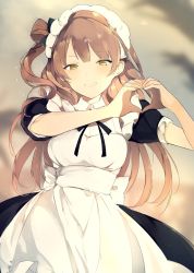 Rule 34 | 10s, 1girl, :d, apron, black bow, black dress, blurry background, blush, bow, cowboy shot, dress, frilled apron, frills, hair bow, hair rings, heart, heart hands, looking at viewer, love live!, love live! school idol project, lpip, maid headdress, minami kotori, open mouth, puffy short sleeves, puffy sleeves, short sleeves, smile, solo, standing, white apron