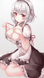 Rule 34 | 1girl, absurdres, anchor necklace, apron, azur lane, bad id, bad pixiv id, breasts, choker, cleavage, dress, frilled skirt, frills, frown, grey background, hairband, hand on own chest, highres, large breasts, looking at viewer, lotpi, maid apron, md5 mismatch, necklace, red eyes, resolution mismatch, ribbon, short hair, silver hair, simple background, sirius (azur lane), sitting, skirt, solo, wariza