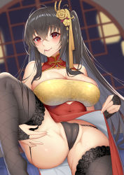 Rule 34 | 1girl, :q, absurdres, ahoge, azur lane, bare shoulders, black hair, black panties, black thighhighs, blush, breasts, bridal gauntlets, china dress, chinese clothes, cleavage, cleavage cutout, clothes lift, clothing cutout, crossed bangs, dress, dress lift, hair between eyes, hair in own mouth, hair ornament, highres, hongye feixue, knee up, large breasts, long hair, looking at viewer, official alternate costume, panties, red dress, red eyes, solo, spread legs, spread pussy under clothes, taihou (azur lane), taihou (phoenix&#039;s spring song) (azur lane), thighhighs, tongue, tongue out, underwear, very long hair
