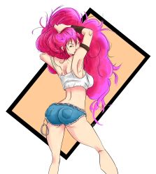 Rule 34 | 1girl, absurdres, armlet, arms up, ass, blue eyes, bracer, contrapposto, cuffs, cutoffs, denim, denim shorts, final fight, from behind, handcuffs, hands in hair, highres, long hair, looking back, messy hair, no headwear, no headwear, pink hair, poison (final fight), shorts, solo, spaghetti strap, standing, transparent background, very long hair, zakkido