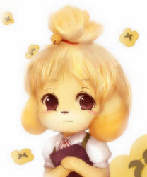 Rule 34 | 1girl, :3, amano jack, animal crossing, animal ears, animal hands, bell, blonde hair, blush, blush stickers, book, flower, highres, holding, holding book, isabelle (animal crossing), nintendo, purple eyes, ribbon, simple background, smile, solo, topknot, uniform, white background