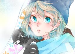 Rule 34 | 1girl, beanie, black gloves, blue eyes, blue hat, blue jacket, blush, commentary request, floral print, gloves, grey hair, hair between eyes, hat, highres, jacket, kashikaze, looking at viewer, love live!, love live! sunshine!!, lower teeth only, parted lips, portrait, snowboard, snowflake background, solo, teeth, watanabe you, white background, winter clothes