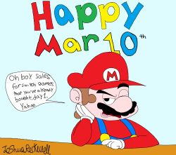 Rule 34 | 1boy, annoyed, facial hair, gloves, hat, highres, looking at viewer, mario, mario (series), mustache, nintendo, nintendo switch, one eye closed, sitting, speech bubble, super mario bros. 1, talking