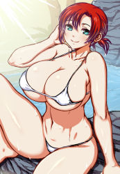 Rule 34 | 1girl, aqua eyes, bare shoulders, bikini, boudica (fate), breasts, cleavage, covered erect nipples, curvy, fate/grand order, fate (series), gigantic breasts, green eyes, huge breasts, looking at viewer, navel, red hair, short hair, short ponytail, sitting, smile, solo, swimsuit, tanaka gorbachev, wet, white bikini