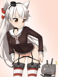 Rule 34 | 10s, 1girl, ^^^, amatsukaze (kancolle), black panties, blush, brown eyes, choker, dress, garter straps, gloves, hair tubes, hairband, hat, highres, innertube, kantai collection, long hair, machinery, mikakeha, panties, panty pull, rensouhou-kun, sailor dress, short dress, side-tie panties, solo, striped clothes, striped thighhighs, swim ring, thighhighs, turret, twintails, two side up, underwear, undressing, wavy mouth, white hair