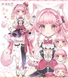 Rule 34 | 1girl, :3, animal ears, asymmetrical legwear, blunt bangs, blush, bow, bowtie, breasts, cat ears, cat hair ornament, cleavage, coco7, colored tips, commentary request, crown, detached collar, gloves, hair ornament, highres, indie virtual youtuber, medium breasts, multicolored hair, official art, pink eyes, pink hair, red bow, red bowtie, rilo (vtuber), skirt, smile, standing, tachi-e, thighhighs, twintails, virtual youtuber, white gloves