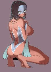 Rule 34 | 1girl, ass, bad id, bad pixiv id, black hair, blue eyes, bodypaint, breasts, dark-skinned female, dark skin, facepaint, fate/grand order, fate (series), full body, genderswap, genderswap (mtf), geronimo (fate), geronimo (third ascension) (fate), grey background, highres, jewelry, large breasts, long hair, looking at viewer, native american, necklace, nude, painted clothes, rokkotsu, simple background, solo, very long hair