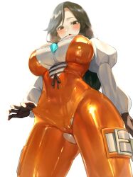 Rule 34 | 1girl, absurdres, black hair, bodysuit, breasts, cameltoe, cleavage, commission, final fantasy, final fantasy ix, garnet til alexandros xvii, gloves, highres, himerin, jewelry, lace-up top, large breasts, looking down, necklace, orange bodysuit, pixiv commission, skin tight, solo, tight clothes, torn clothes