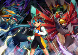 Rule 34 | 2boys, 2others, alternate form, android, arm cannon, armor, attack, aura, bodysuit, brown eyes, brown hair, capcom, claws, colored sclera, cover, electricity, falzar (mega man battle network), full armor, gloves, glowing, glowing eyes, green eyes, gregar (mega man battle network), helmet, highres, lan hikari (mega man), light frown, lightning, looking at viewer, mechanical arms, mega man (series), mega man battle network, mega man battle network (series), mega man battle network 5, megaman.exe, multiple boys, multiple others, multiple views, netnavi, novady, purple sclera, red eyes, robot, sharp teeth, short hair, smile, tail, teeth, video game cover, weapon