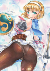 Rule 34 | 1girl, aqua eyes, artist name, ass, at classics, blonde hair, blush, breasts, brown pantyhose, cameltoe, cassandra alexandra, cleavage, closed mouth, elbow gloves, from behind, gloves, hairband, holding, holding shield, holding sword, holding weapon, large breasts, legs, looking at viewer, looking back, namco, panties, panties under pantyhose, pantyhose, sample watermark, shield, short hair, smile, solo, soul calibur, sword, thigh gap, traditional media, underwear, upskirt, watermark, weapon, white gloves