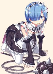 Rule 34 | 10s, 1girl, 501092-taka, all fours, ball and chain (weapon), blue eyes, blue hair, detached sleeves, frilled sleeves, frills, hair ornament, hair over one eye, looking at viewer, maid, maid headdress, no shoes, open mouth, pantyhose, pink ribbon, purple ribbon, re:zero kara hajimeru isekai seikatsu, rem (re:zero), ribbon, ribbon-trimmed clothes, ribbon trim, round teeth, short hair, simple background, sleeves past wrists, solo, teeth, underbust, weapon, white pantyhose, x hair ornament