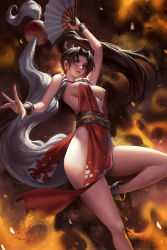 Rule 34 | 1girl, arm up, breasts, brown eyes, brown hair, closed mouth, commentary, earrings, fatal fury, hair ornament, hand fan, high ponytail, holding, japanese clothes, jewelry, leg up, lips, long hair, looking at viewer, medium breasts, ninja, no bra, obi, parted bangs, pelvic curtain, phamoz, ponytail, revealing clothes, rope, sash, shiranui mai, simple background, sleeveless, smile, smoke, solo, the king of fighters, thighs