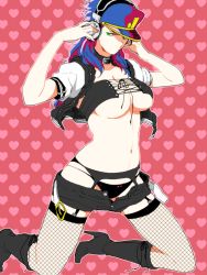 Rule 34 | 1girl, bad id, bad pixiv id, belt, blue hair, boots, bow, bow panties, breasts, center opening, cleavage, collar, cosplay, criss cross front, cross-laced clothes, fishnets, front-tie top, garter belt, garter straps, genderswap, genderswap (mtf), green eyes, hat, headphones, heart, heart background, high heel boots, high heels, jojo no kimyou na bouken, knee boots, kneeling, kuujou joutarou, lace-up top, lace up front, laceups, large breasts, long hair, midriff, navel, nitroplus, open clothes, otyaume 1910, panties, shorts, sideways glance, solo, stardust crusaders, strapless, super sonico, super sonico (cosplay), thighhighs, tube top, underboob, underwear