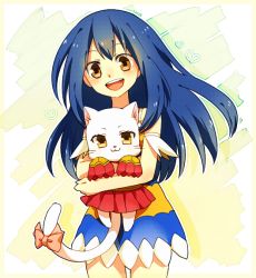 Rule 34 | 1girl, bad id, bad pixiv id, blue hair, brown eyes, cat, charle (fairy tail), dress, fairy tail, heart, long hair, open mouth, ribbon, tail, tail ornament, tail ribbon, wendy marvell, yuita ro