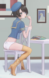 Rule 34 | 1girl, anouetto, ass, beret, bird, black hair, blue eyes, blue hat, blue shirt, blush, boots, breasts, chair, chips (food), dimples of venus, duck, food, full body, hat, high heel boots, high heels, highres, hololive, indoors, looking at viewer, medium breasts, no pants, oozora subaru, panties, potato chips, see-through silhouette, shirt, short hair, short sleeves, sitting, sitting backwards, solo, table, thighhighs, underwear, virtual youtuber, white panties, yellow footwear, yellow thighhighs