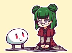 Rule 34 | 1girl, all-around helper, black pants, brown shirt, closed mouth, collared shirt, commentary request, double bun, employee (project moon), glasses, green hair, hair bun, hatake shimeji, jacket, kneeling, lobotomy corporation, long sleeves, outline, pants, project moon, red jacket, round eyewear, shirt, simple background, smile, white outline, yellow background