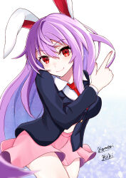 Rule 34 | 1girl, absurdres, animal ears, artist name, black jacket, blazer, collared shirt, commentary request, cowboy shot, fingernails, hair between eyes, highres, jacket, komori hiki16, long hair, looking at viewer, necktie, pink skirt, pointing, pointing up, purple hair, rabbit ears, red eyes, red tie, reisen udongein inaba, shirt, signature, skirt, smile, solo, thighs, touhou, very long hair, white background, white shirt
