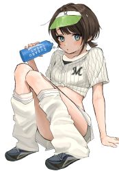 Rule 34 | 1girl, alternate costume, blue eyes, blush, bottle, chiba lotte marines, collarbone, crop top, highres, hololive, kneehighs, knees up, looking at viewer, miniskirt, nippon professional baseball, oozora subaru, owatat t, shirt, short hair, simple background, sitting, skirt, socks, solo, striped clothes, striped shirt, sweat, vertical-striped clothes, vertical-striped shirt, virtual youtuber, water bottle, white background