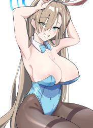 Rule 34 | 1girl, absurdres, animal ears, armpits, arms behind head, arms up, asuna (blue archive), asuna (bunny) (blue archive), bare shoulders, blue archive, blue eyes, blue leotard, blush, breasts, brown pantyhose, cleavage, detached collar, fake animal ears, grin, hair over one eye, halo, highleg, highleg leotard, highres, large breasts, leotard, light brown hair, long hair, looking at viewer, mitche, mole, mole on breast, pantyhose, playboy bunny, rabbit ears, smile, solo, thighs, very long hair
