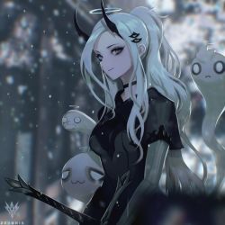 Rule 34 | 1girl, blurry, blurry background, blurry foreground, breasts, choker, commentary, deathverse, demon horns, depth of field, dress, english commentary, english text, eyeshadow, facial hair, from side, ghost, grey eyes, hair ornament, hairclip, halo, highres, hilt, hitodama, horns, long hair, long sleeves, looking at viewer, makeup, medium breasts, mustache, original, ponytail, silver hair, smile, snowing, solo, weapon, zeronis