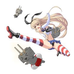 Rule 34 | 10s, 1girl, anchor hair ornament, black panties, blonde hair, blue skirt, chien zero, clenched hand, elbow gloves, flying kick, full body, gloves, hair ornament, hairband, highleg, highleg panties, kantai collection, kicking, long hair, microskirt, midriff, navel, neckerchief, open mouth, panties, pleated skirt, rensouhou-chan, school uniform, serafuku, shimakaze (kancolle), shirt, simple background, skirt, sleeveless, sleeveless shirt, solo, striped clothes, striped thighhighs, thighhighs, thong, underwear, very long hair, white background, white gloves, yellow eyes