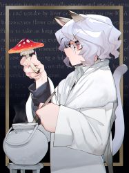 Rule 34 | 1girl, aioi u, animal ears, cat ears, cat tail, english text, from side, highres, holding, holding mushroom, hunter x hunter, lab coat, long sleeves, mushroom, neferpitou, short hair, signature, solo, tail, upper body, white hair