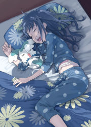 Rule 34 | 10s, 1girl, :d, = =, bed, blanket, blue hair, closed eyes, coffret (heartcatch precure!), disheveled, drooling, floral print, futon, heartcatch precure!, kurumi erika, long hair, lying, messy hair, midriff, mofu (mof swimradio), navel, nose bubble, on side, open mouth, pajamas, pillow, polka dot, polka dot pajamas, precure, shadow, sleeping, smile, solo