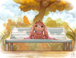 Rule 34 | :o, bench, black eyes, digimon, digimon (creature), flower, horns, lopmon, no humans, outdoors, parted lips, ry-spirit, sitting, teeth, tree