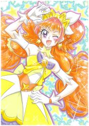 Rule 34 | 1girl, amanogawa kirara, armpits, bare shoulders, cure twinkle, earrings, gloves, go! princess precure, hair ornament, highres, jewelry, long hair, magical girl, multicolored hair, one eye closed, open mouth, orange hair, precure, purple eyes, solo, star (symbol), star earrings, twintails, two-tone hair, very long hair