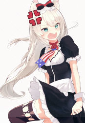 Rule 34 | 1girl, :o, absurdres, akutaa, anger vein, animal ears, apron, aqua eyes, azur lane, black thighhighs, bow choker, breasts, cat ears, choker, cleavage, commentary request, dress, eyes visible through hair, fang, frilled dress, frills, hair between eyes, hair ornament, hammann (azur lane), highres, huge filesize, long hair, looking away, looking back, ribbon choker, sidelocks, simple background, small breasts, solo, thighhighs, white background, white hair, wrist cuffs, zettai ryouiki