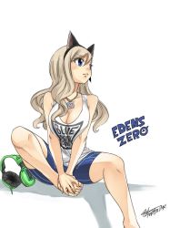 Rule 34 | 1girl, animal ears, barefoot, bike shorts, black hairband, blue eyes, blue shorts, breasts, cat ears, cleavage, collarbone, copyright name, eden&#039;s zero, fake animal ears, feet, hair between eyes, hairband, hands on feet, headphones, headphones removed, heart, heart print, jewelry, large breasts, long hair, looking to the side, mashima hiro, necklace, official art, parted bangs, print shirt, rebecca bluegarden, shirt, short shorts, shorts, signature, silver hair, simple background, sleeveless, sleeveless shirt, solo, toes, white background, white shirt