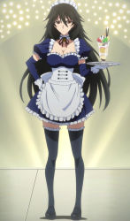 Rule 34 | 10s, 1girl, apron, bell, black hair, black thighhighs, breasts, brown eyes, chocolate, choker, cleavage, elbow gloves, food, fruit, gloves, highres, ice cream, infinite stratos, kiwi (fruit), long hair, maid, maid apron, orimura chifuyu, parfait, pocky, screencap, solo, thighhighs, tray, whipped cream, zettai ryouiki