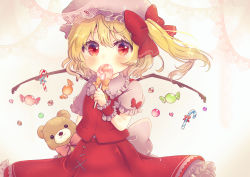 Rule 34 | 1girl, absurdres, arm up, ascot, blonde hair, blush, candy, candy cane, commentary, covering own mouth, doily, flandre scarlet, floating hair, food, gradient background, hat, hat ribbon, highres, holding, holding candy, holding food, holding stuffed toy, lollipop, looking at viewer, mob cap, one side up, petticoat, pink background, pink shirt, puffy short sleeves, puffy sleeves, red eyes, red skirt, red vest, ribbon, shirt, short sleeves, skirt, solo, stuffed animal, stuffed toy, suzukkyu, swirl lollipop, teddy bear, touhou, vest, white hat, wings, wrist cuffs, yellow ascot