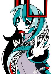 Rule 34 | 1girl, abstract, alternate hairstyle, aqua eyes, aqua hair, closed mouth, colored skin, from side, grey shirt, hair ornament, hair over shoulder, halftone, hatsune miku, highres, limited palette, long hair, long sleeves, looking at viewer, looking to the side, machigami yoh, multicolored hair, outstretched arms, shirt, simple background, solo, streaked hair, twitter username, upper body, vocaloid, white background, white skin