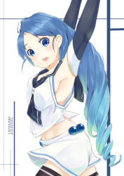 Rule 34 | 10s, 1girl, armpits, bad id, bad pixiv id, blue eyes, blue hair, breasts, detached sleeves, gedou (shigure seishin), kantai collection, long hair, matching hair/eyes, medium breasts, midriff, navel, open mouth, personification, samidare (kancolle), sideboob, solo, swept bangs, thighhighs