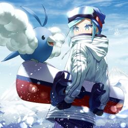 Rule 34 | 1boy, absurdres, androgynous, beanie, blue eyes, blue hair, creatures (company), game freak, gen 3 pokemon, gloves, goggles, goggles on head, grusha (pokemon), hat, highres, holding snowboard, jacket, light blue hair, long hair, long sleeves, mittens, mountain, nintendo, open mouth, outdoors, poke ball print, pokemon, pokemon (creature), pokemon sv, snow, snowboard, swablu, uatrabae