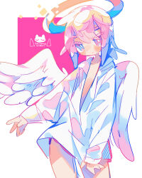 Rule 34 | 1boy, absurdres, angel, angel wings, blue eyes, blush, bottomless, bright pupils, collarbone, collared shirt, commentary request, cowboy shot, dot nose, hair between eyes, halo, heterochromia, highres, long sleeves, male focus, open clothes, open shirt, original, pink background, pink eyes, ponytail, raito-kun (uenomigi), shirt, short hair, simple background, solo, uenomigi, white background, white pupils, white shirt, wings
