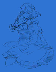 Rule 34 | 1girl, between fingers, blue background, blue theme, braid, collared shirt, dress, eyebrows hidden by hair, female focus, full body, holding, holding knife, izayoi sakuya, knife, knives between fingers, maid, monochrome, shirt, simple background, sketch, solo, takanashi minato, throwing knife, touhou, twin braids, v-shaped eyebrows, weapon