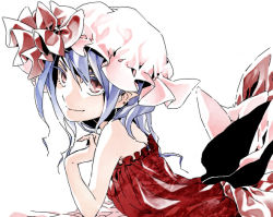 Rule 34 | 1girl, bad id, bad pixiv id, female focus, hat, lying, on stomach, remilia scarlet, ritz (h322), smile, solo, touhou