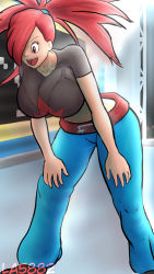 Rule 34 | 1girl, belt, breasts, creatures (company), crop top, denim, flannery (pokemon), game freak, highres, huge breasts, jeans, la5882, large breasts, nintendo, pants, pokemon, pokemon rse, red eyes, red hair, shoes, short sleeves, solo