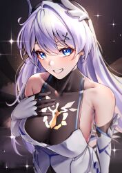 Rule 34 | 1girl, absurdres, bare shoulders, blue eyes, breasts, commentary request, dress, elbow gloves, gloves, grin, hair ornament, highres, honkai (series), honkai impact 3rd, kiana kaslana, large breasts, long hair, looking at viewer, pyeong-il pyeongil, sleeveless, sleeveless dress, smile, solo, upper body, very long hair, white dress, white gloves, white hair