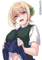 Rule 34 | 1girl, angry, blonde hair, blouse, blue necktie, blue skirt, braid, braided bangs, clothes lift, disgust, dress shirt, ebifurya, green vest, highres, kantai collection, lifted by self, necktie, open mouth, perth (kancolle), plaid, plaid skirt, pleated skirt, school uniform, shirt, short hair, short sleeves, simple background, skirt, skirt lift, solo, vest, white background, white shirt